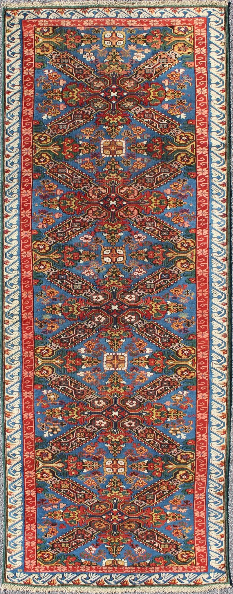 A Rare Antique Seychour Caucasian Runner in Beautiful Multi Colors Measures: 3'5 x 9'2. This 19th Century Caucasian Seychour runner represents the Caucasian weaving at its best. The amazingly beautiful colors and the composition of them shows an... - Keivan Woven Arts13 - 0504 - 4206Rug