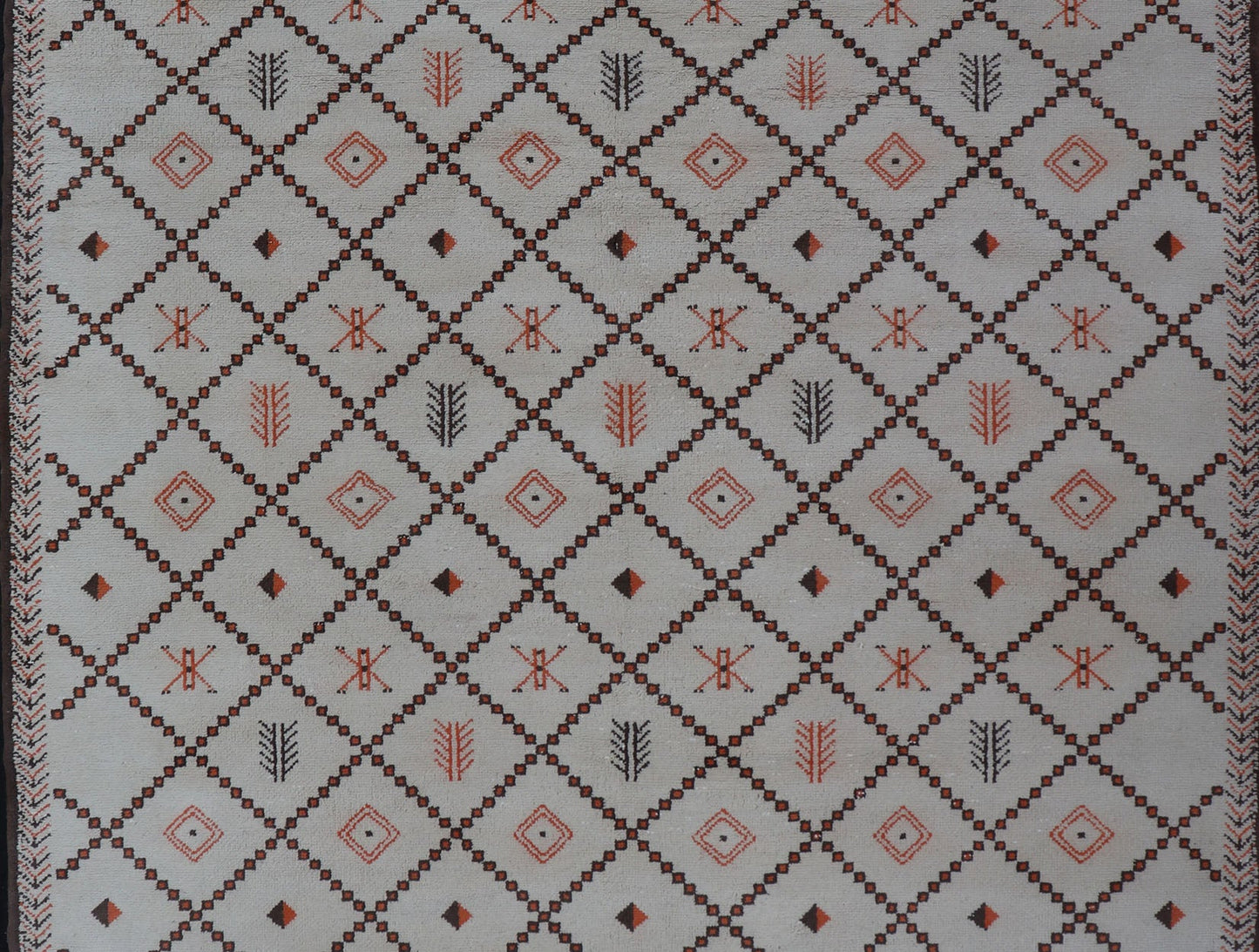 Large Vintage Moroccan Rug in Diamond Design With Ivory, Orange, and Brown Outlines. Keivan Woven Arts / Rug / 13 - 0505, Mid - 20th Century Morocco. This Moroccan rug has an all - over geometric pattern with brown and orange outlines. The colors... - Keivan Woven Arts13 - 0505 - 4210Rug