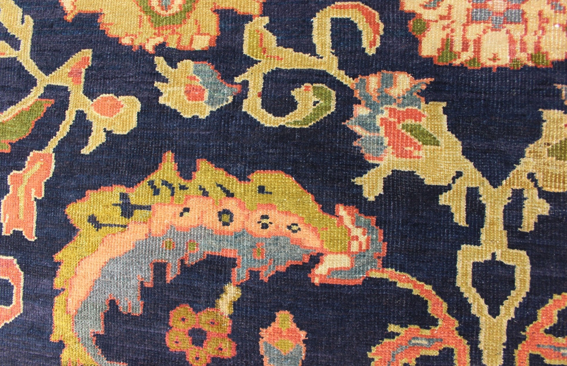Amazing antique Persian Sultanabad carpet in navy blue background, yellow, citron green and rose red with large scale flowers. Keivan Woven Arts / 13 - 0511 / country of origin / type: Iran / Sultanabad, circa 1880. 19th century Sultanabad. Navy antique ... - Keivan Woven Arts13 - 0511 - 4226Rug