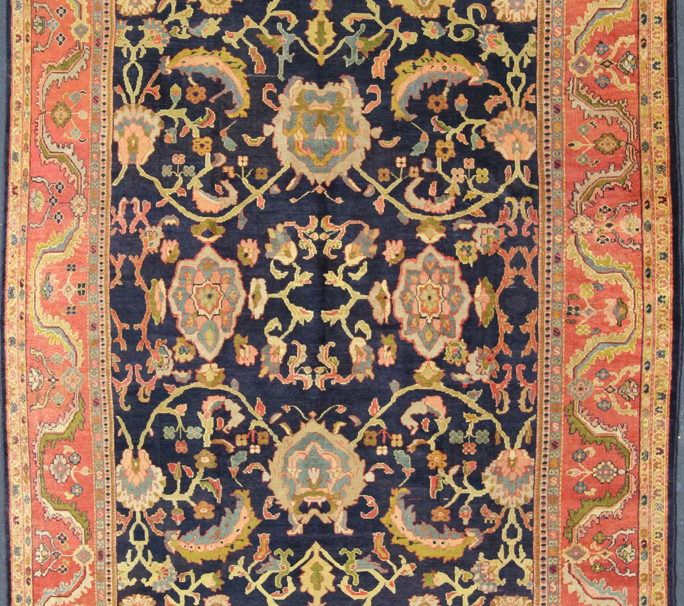 Amazing antique Persian Sultanabad carpet in navy blue background, yellow, citron green and rose red with large scale flowers. Keivan Woven Arts / 13 - 0511 / country of origin / type: Iran / Sultanabad, circa 1880. 19th century Sultanabad. Navy antique ... - Keivan Woven Arts13 - 0511 - 4226Rug