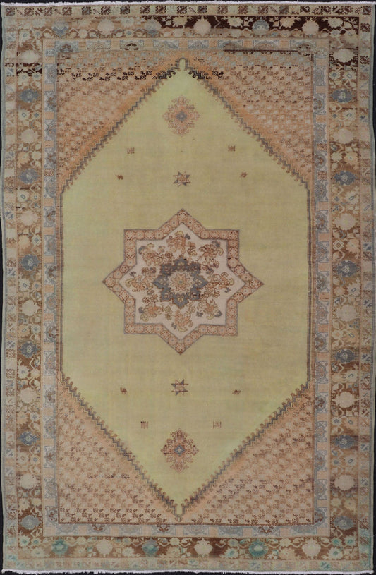 Large Vintage Moroccan Rug with Star Medallion in Light Green, Vintage large Moroccan Rug with Star Medallion in Light Green, large vintage Moroccan Green and brown color Large Vintage Moroccan Rug with Star Medallion. Large vintage Moroccan r... - Keivan Woven Arts13 - 0513 - 4232Rug