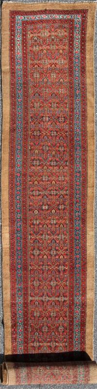 Antique Persian Camel Hair Hamadan Runner with All - Over Pattern Long runner antique rug from Persia with Simple Geometric design in tan, red, blue tones, rug 13 - 0516, country of origin / type: Iran / Camel hair, circa 1900. This handwoven, ... - Keivan Woven Arts13 - 0516 - 4244Rug
