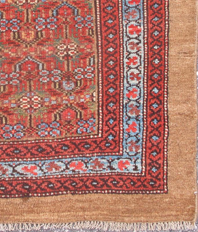 Antique Persian Camel Hair Hamadan Runner with All - Over Pattern Long runner antique rug from Persia with Simple Geometric design in tan, red, blue tones, rug 13 - 0516, country of origin / type: Iran / Camel hair, circa 1900. This handwoven, ... - Keivan Woven Arts13 - 0516 - 4244Rug