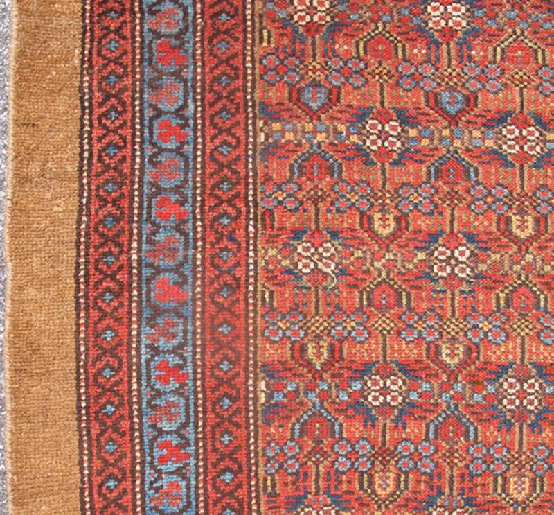 Antique Persian Camel Hair Hamadan Runner with All - Over Pattern Long runner antique rug from Persia with Simple Geometric design in tan, red, blue tones, rug 13 - 0516, country of origin / type: Iran / Camel hair, circa 1900. This handwoven, ... - Keivan Woven Arts13 - 0516 - 4244Rug