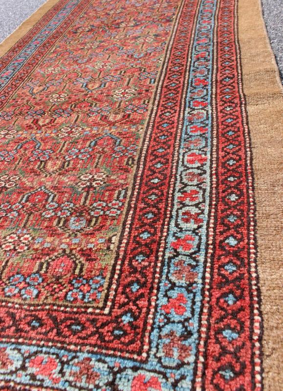 Antique Persian Camel Hair Hamadan Runner with All - Over Pattern Long runner antique rug from Persia with Simple Geometric design in tan, red, blue tones, rug 13 - 0516, country of origin / type: Iran / Camel hair, circa 1900. This handwoven, ... - Keivan Woven Arts13 - 0516 - 4244Rug