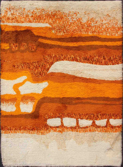 Vintage Swedish Rya Rug with Modern Design in Burnt Orange, Cream and Orange. Measures: 5'4 x 7'7 This lovely Swedish Rya rug with modern design features a vibrant color palette of cream, brown, red, Burnt Orange and orange. It is a great ch... - Keivan Woven Arts13 - 0517 - 4248Rug
