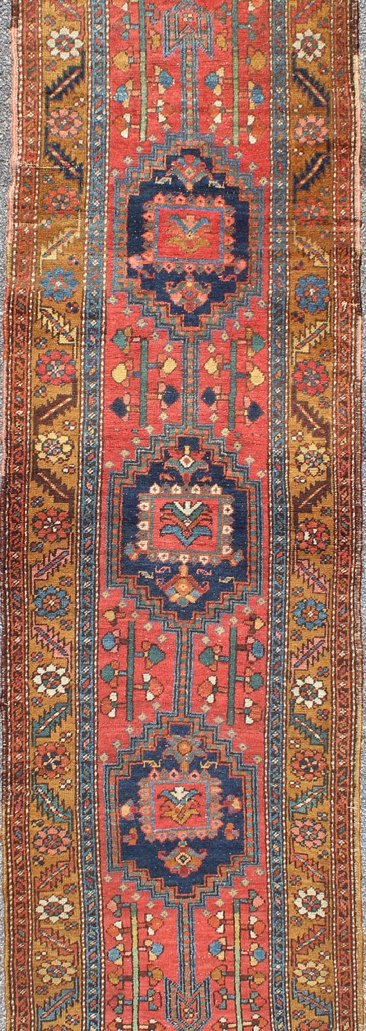 Acid Yellow and Burnt Orange Antique Persian Serapi Runner with Medallions, rug 13 - 0519, country of origin / type: Iran / Heriz Serapi, circa 1900 This magnificent Heriz Serapi runner from Iran, circa 1900, bears an exquisite design rendered in ... - Keivan Woven Arts13 - 0519 - 4254Rug
