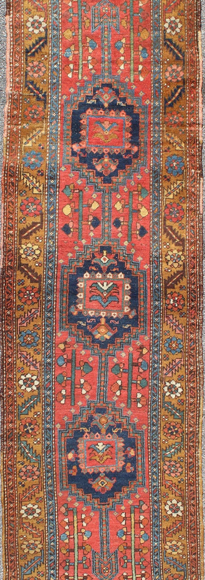 Acid Yellow and Burnt Orange Antique Persian Serapi Runner with Medallions, rug 13 - 0519, country of origin / type: Iran / Heriz Serapi, circa 1900 This magnificent Heriz Serapi runner from Iran, circa 1900, bears an exquisite design rendered in ... - Keivan Woven Arts13 - 0519 - 4254Rug
