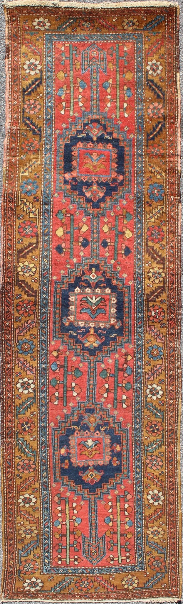 Acid Yellow and Burnt Orange Antique Persian Serapi Runner with Medallions, rug 13 - 0519, country of origin / type: Iran / Heriz Serapi, circa 1900 This magnificent Heriz Serapi runner from Iran, circa 1900, bears an exquisite design rendered in ... - Keivan Woven Arts13 - 0519 - 4254Rug