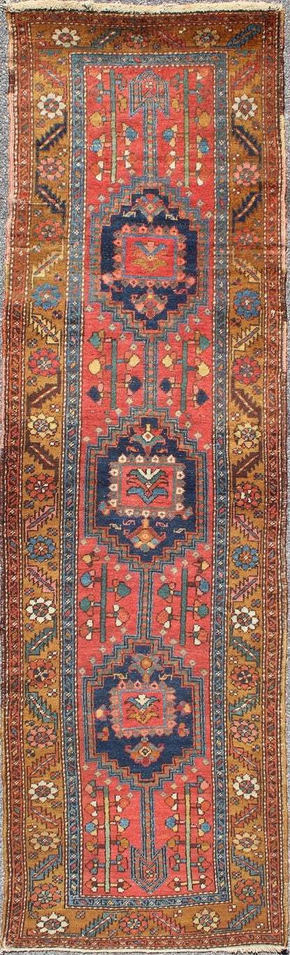 Acid Yellow and Burnt Orange Antique Persian Serapi Runner with Medallions, rug 13 - 0519, country of origin / type: Iran / Heriz Serapi, circa 1900 This magnificent Heriz Serapi runner from Iran, circa 1900, bears an exquisite design rendered in ... - Keivan Woven Arts13 - 0519 - 4254Rug