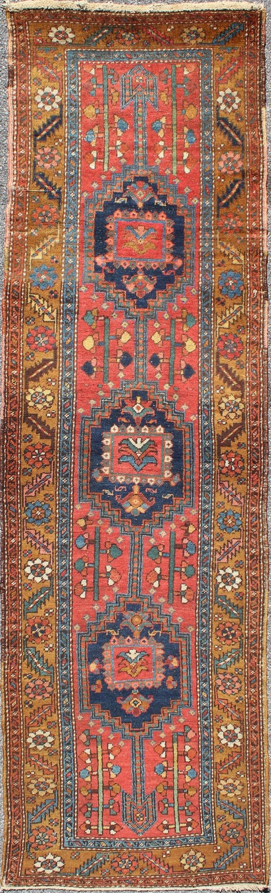 Acid Yellow and Burnt Orange Antique Persian Serapi Runner with Medallions, rug 13 - 0519, country of origin / type: Iran / Heriz Serapi, circa 1900 This magnificent Heriz Serapi runner from Iran, circa 1900, bears an exquisite design rendered in ... - Keivan Woven Arts13 - 0519 - 4254Rug