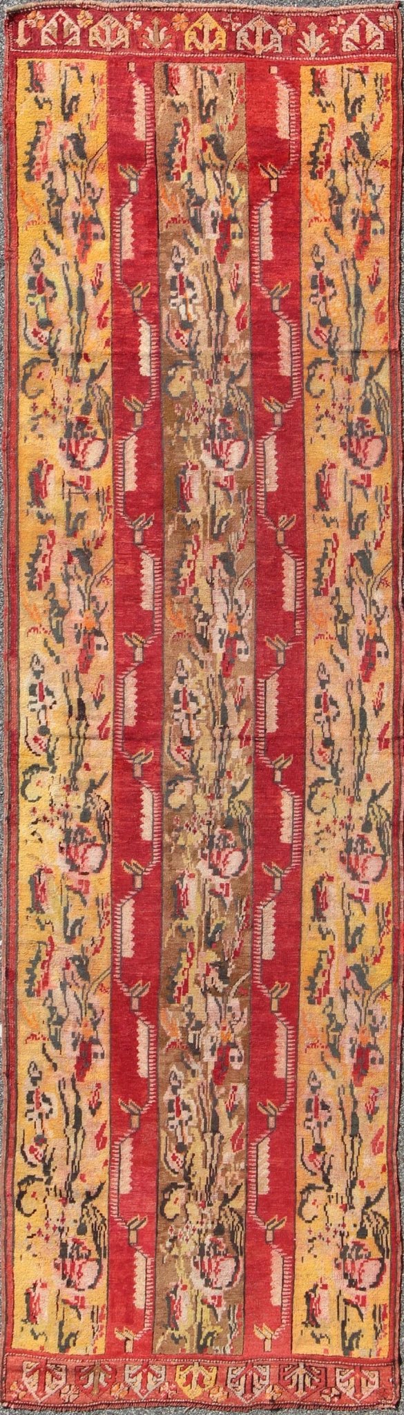 Antique Turkish Oushak Runner with Yellow, Brown and Red Vining Floral Panels, rug 13 - 0604, country of origin / type: Turkey / Oushak, circa 1910 This antique Turkish gallery runner (circa mid - 20th century) features a unique blend of colors and ... - Keivan Woven Arts13 - 0604 - 4294Rug