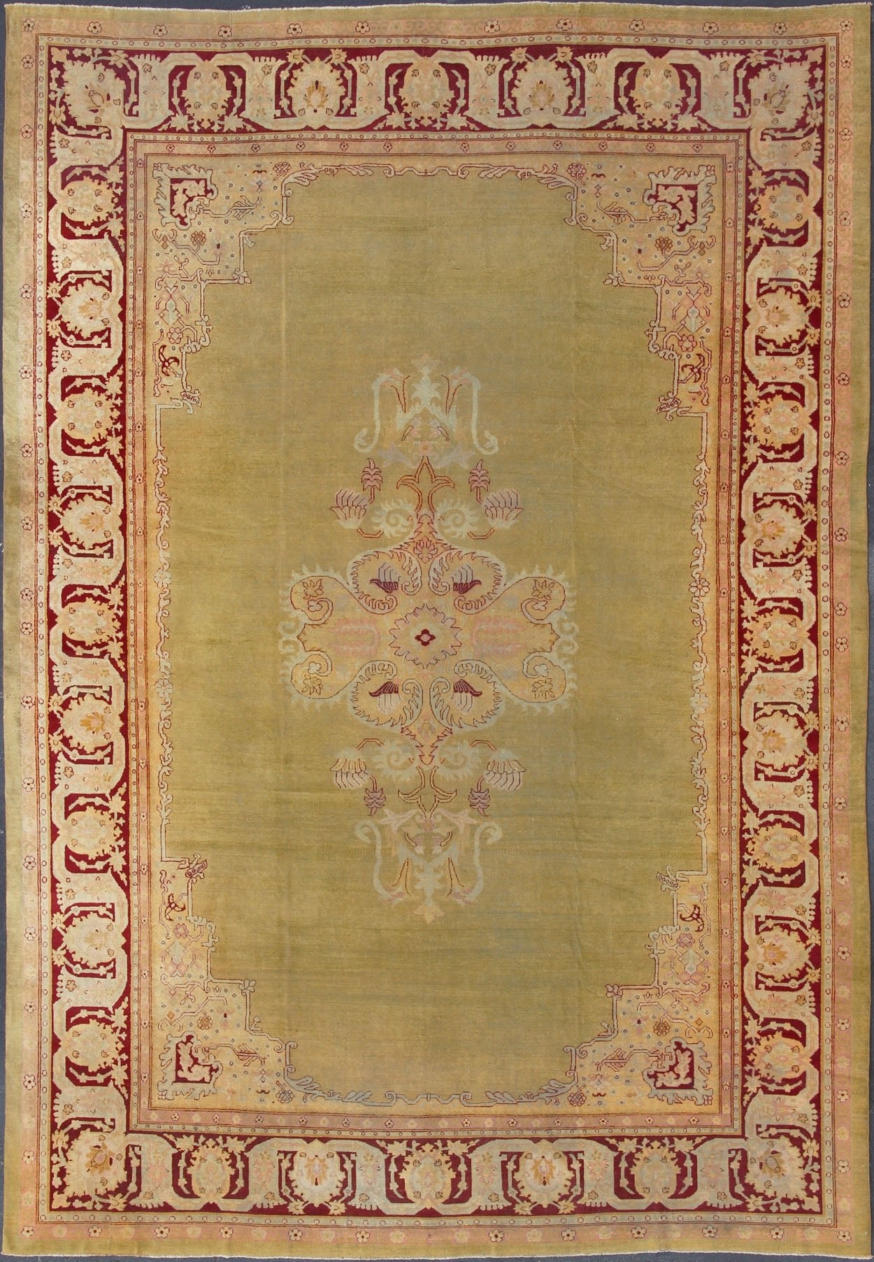 Large Antique Green Background Indian Amritsar Carpet with Red Border. Keivan Woven Arts / rug / 13 - 0706 / 1920 circa Early 20th Century. / Antique Amritsar, Antique Agra. Measures: 13'2 x 18'0. This carpet was woven in Amritsar in the late 19th ... - Keivan Woven Arts13 - 0706 - 4321Rug