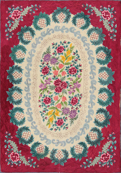 Large Antique Finely American Hooked Rug with Savonnerie Design in Ruby Red Antique American Hooked Rug with French Floral Design, rug 13 - 0801, country of origin / type: United States of America / American Hook Rug, circa Mid - 20th Century. ... - Keivan Woven Arts13 - 0801 - 4766Rug