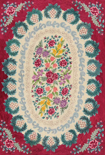Large Antique Finely American Hooked Rug with Savonnerie Design in Ruby Red Antique American Hooked Rug with French Floral Design, rug 13 - 0801, country of origin / type: United States of America / American Hook Rug, circa Mid - 20th Century. ... - Keivan Woven Arts13 - 0801 - 4766Rug