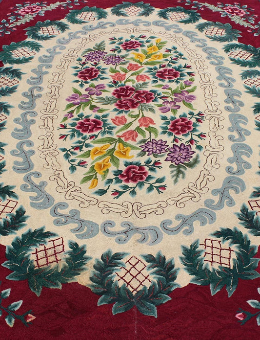 Large Antique Finely American Hooked Rug with Savonnerie Design in Ruby Red Antique American Hooked Rug with French Floral Design, rug 13 - 0801, country of origin / type: United States of America / American Hook Rug, circa Mid - 20th Century. ... - Keivan Woven Arts13 - 0801 - 4766Rug
