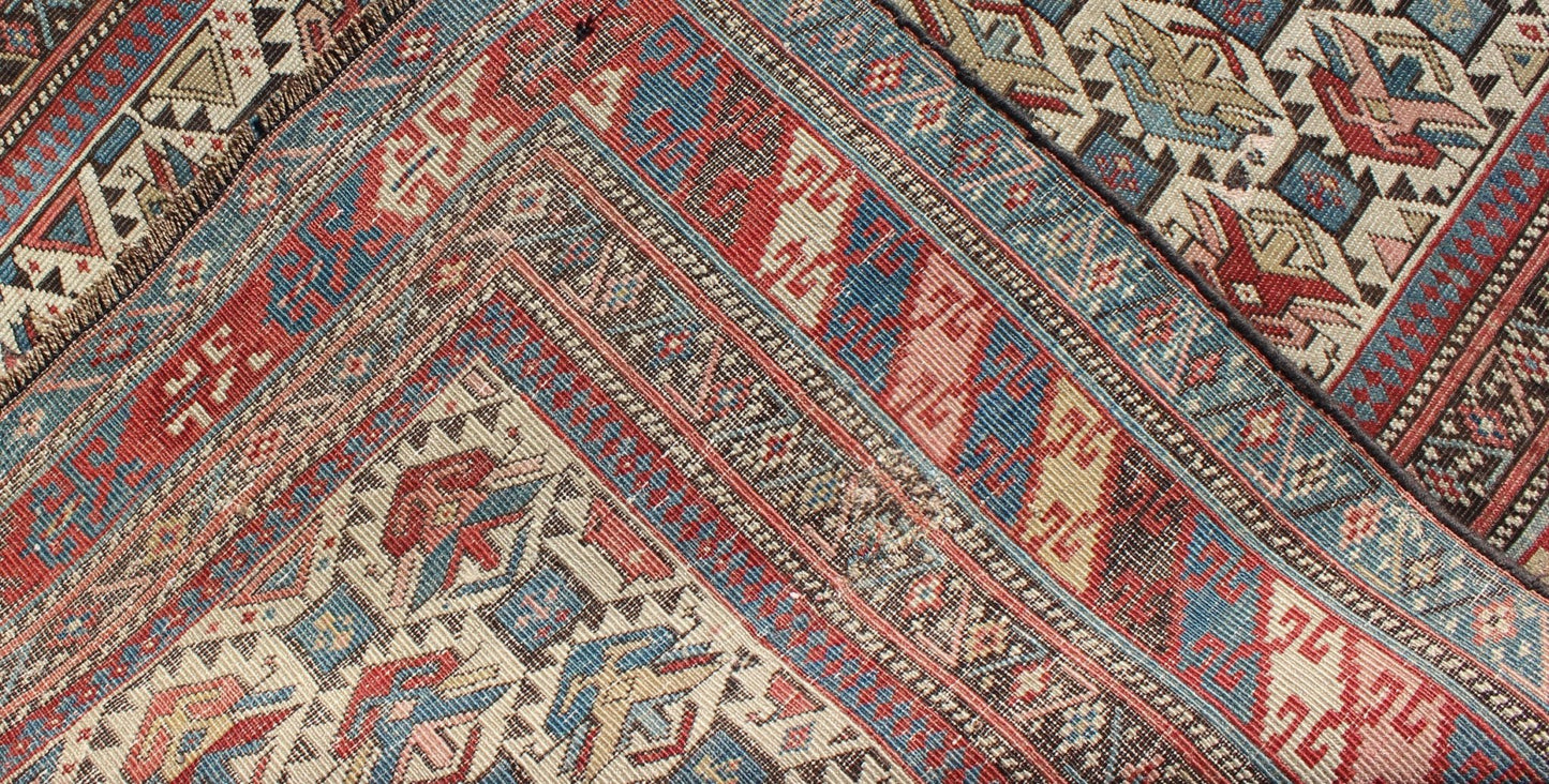Antique Caucasian Fine Shirvan Rug in Ivory Background & Multi Colors. Country of Origin: Caucasus; Type: Shirvan; Design: All - Over, Geometric, Crest; Keivan Woven Arts: rug 13 - 0802; Caucasian Rug, Shirvan Caucasian Measures: 3'10 x 4'10 This fin... - Keivan Woven Arts13 - 0802 - 4772Rug