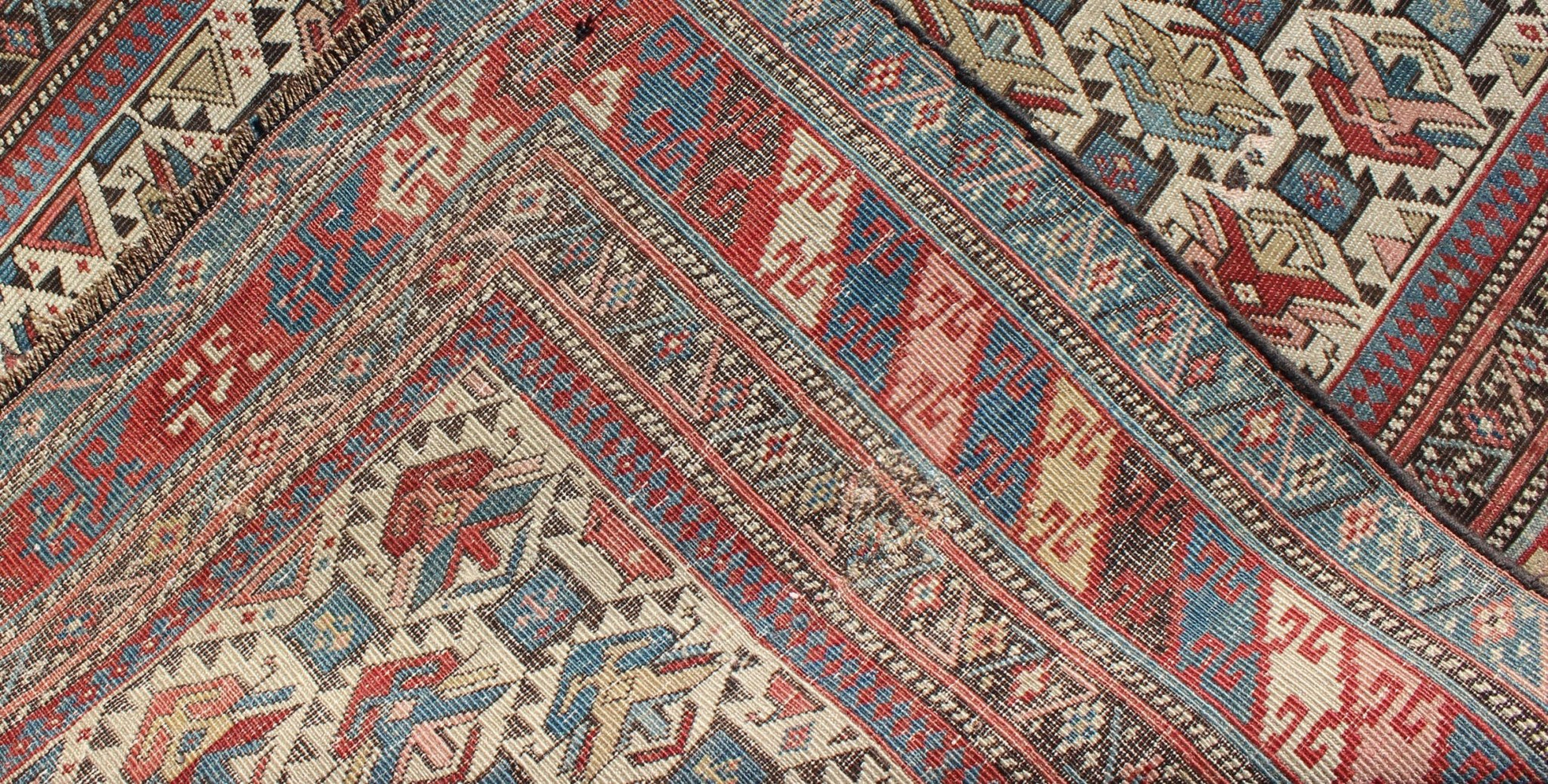 Antique Caucasian Fine Shirvan Rug in Ivory Background & Multi Colors. Country of Origin: Caucasus; Type: Shirvan; Design: All - Over, Geometric, Crest; Keivan Woven Arts: rug 13 - 0802; Caucasian Rug, Shirvan Caucasian Measures: 3'10 x 4'10 This fin... - Keivan Woven Arts13 - 0802 - 4772Rug