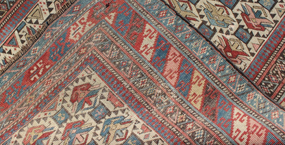 Antique Caucasian Fine Shirvan Rug in Ivory Background & Multi Colors. Country of Origin: Caucasus; Type: Shirvan; Design: All - Over, Geometric, Crest; Keivan Woven Arts: rug 13 - 0802; Caucasian Rug, Shirvan Caucasian Measures: 3'10 x 4'10 This fin... - Keivan Woven Arts13 - 0802 - 4772Rug