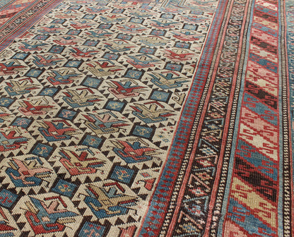 Antique Caucasian Fine Shirvan Rug in Ivory Background & Multi Colors. Country of Origin: Caucasus; Type: Shirvan; Design: All - Over, Geometric, Crest; Keivan Woven Arts: rug 13 - 0802; Caucasian Rug, Shirvan Caucasian Measures: 3'10 x 4'10 This fin... - Keivan Woven Arts13 - 0802 - 4772Rug