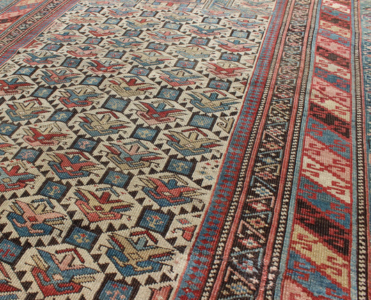 Antique Caucasian Fine Shirvan Rug in Ivory Background & Multi Colors. Country of Origin: Caucasus; Type: Shirvan; Design: All - Over, Geometric, Crest; Keivan Woven Arts: rug 13 - 0802; Caucasian Rug, Shirvan Caucasian Measures: 3'10 x 4'10 This fin... - Keivan Woven Arts13 - 0802 - 4772Rug
