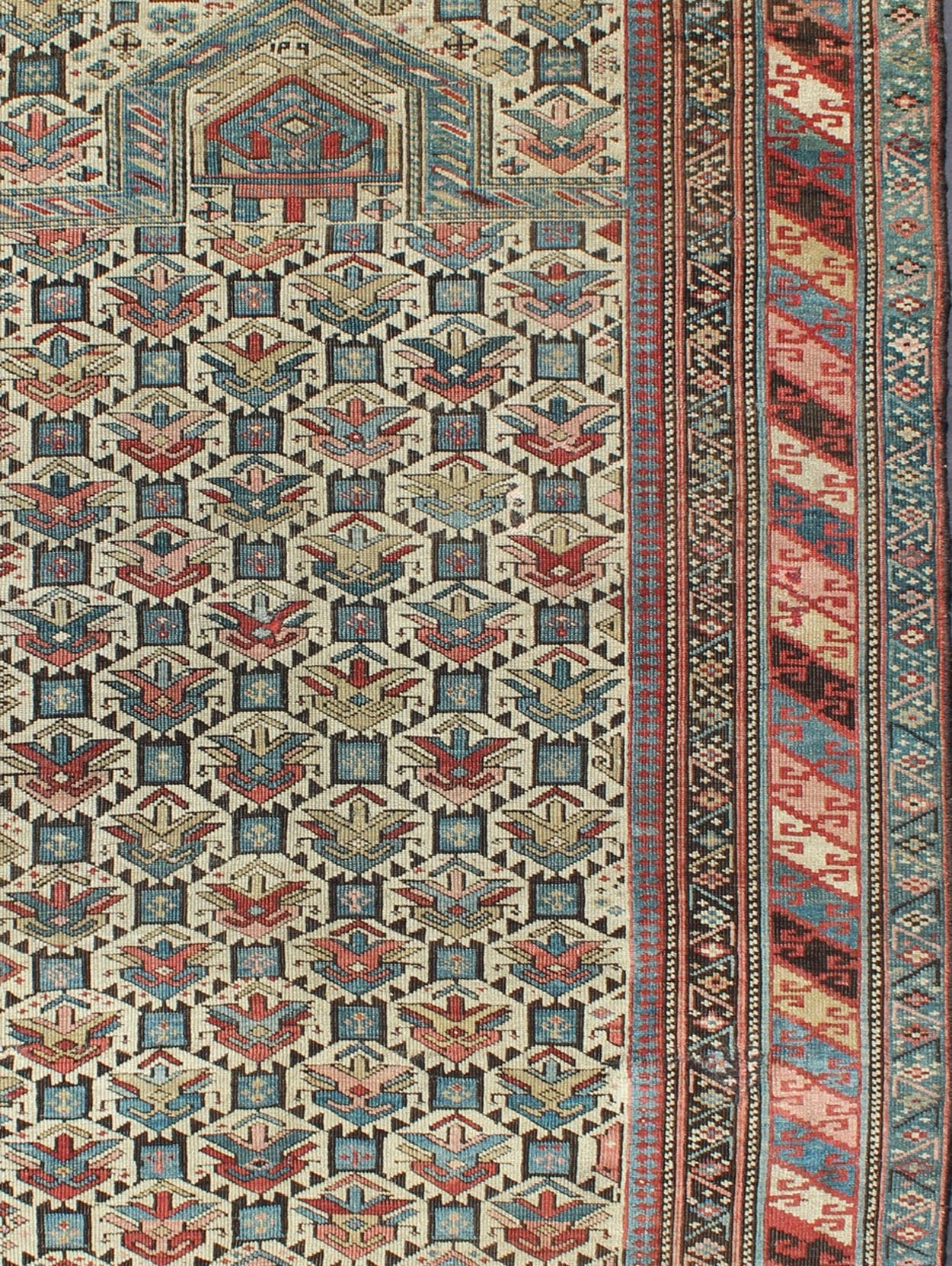 Antique Caucasian Fine Shirvan Rug in Ivory Background & Multi Colors. Country of Origin: Caucasus; Type: Shirvan; Design: All - Over, Geometric, Crest; Keivan Woven Arts: rug 13 - 0802; Caucasian Rug, Shirvan Caucasian Measures: 3'10 x 4'10 This fin... - Keivan Woven Arts13 - 0802 - 4772Rug