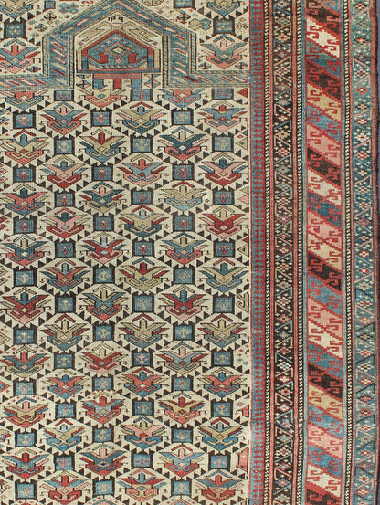 Antique Caucasian Fine Shirvan Rug in Ivory Background & Multi Colors. Country of Origin: Caucasus; Type: Shirvan; Design: All - Over, Geometric, Crest; Keivan Woven Arts: rug 13 - 0802; Caucasian Rug, Shirvan Caucasian Measures: 3'10 x 4'10 This fin... - Keivan Woven Arts13 - 0802 - 4772Rug