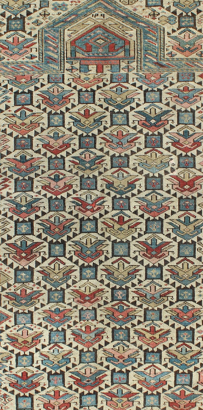 Antique Caucasian Fine Shirvan Rug in Ivory Background & Multi Colors. Country of Origin: Caucasus; Type: Shirvan; Design: All - Over, Geometric, Crest; Keivan Woven Arts: rug 13 - 0802; Caucasian Rug, Shirvan Caucasian Measures: 3'10 x 4'10 This fin... - Keivan Woven Arts13 - 0802 - 4772Rug