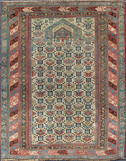 Antique Caucasian Fine Shirvan Rug in Ivory Background & Multi Colors. Country of Origin: Caucasus; Type: Shirvan; Design: All - Over, Geometric, Crest; Keivan Woven Arts: rug 13 - 0802; Caucasian Rug, Shirvan Caucasian Measures: 3'10 x 4'10 This fin... - Keivan Woven Arts13 - 0802 - 4772Rug