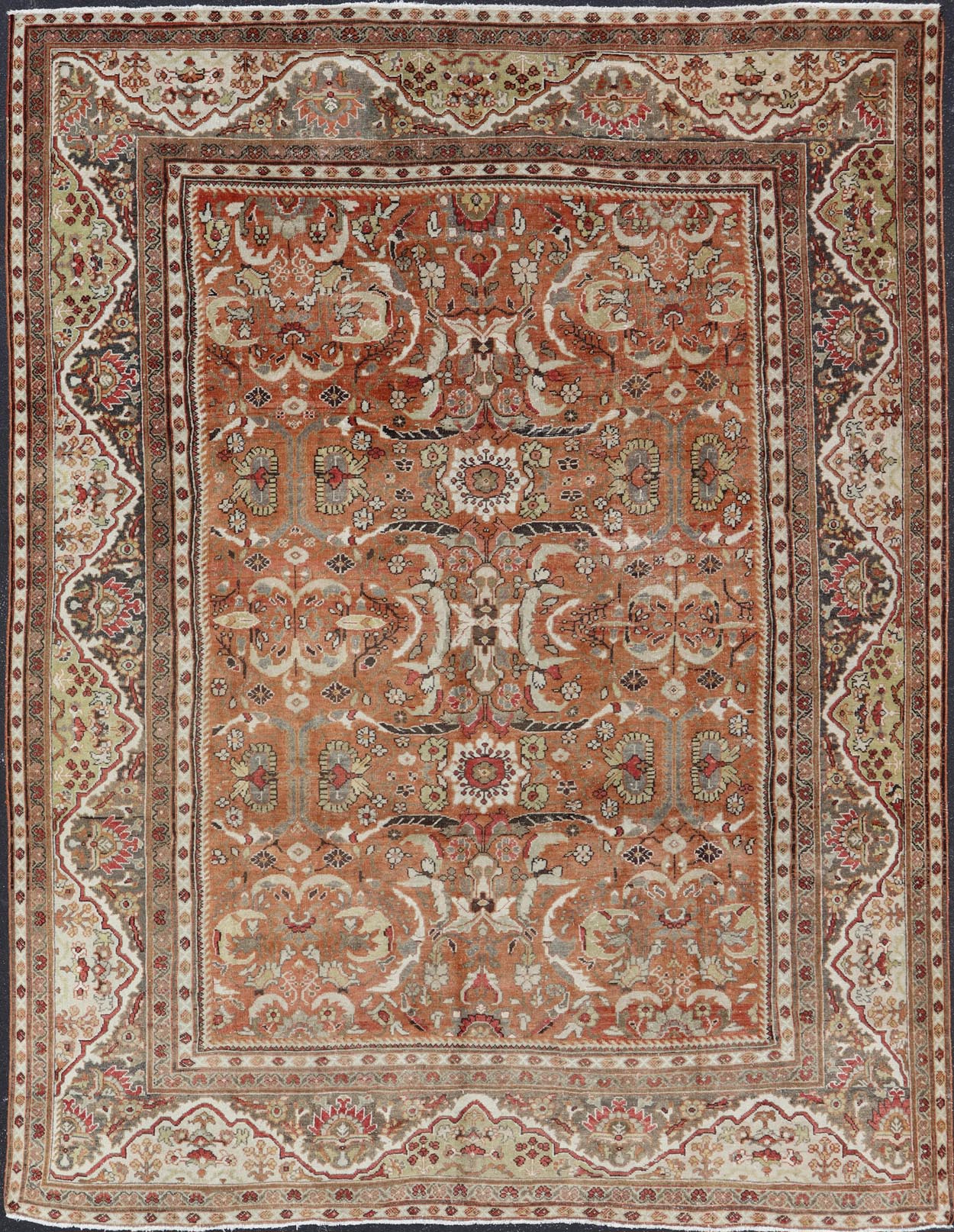 Large Antique Persian Mahal Rug with Floral Design in Muted Tones Antique Persian Mahal rug with floral design in muted tones, rug 13 - 0902, country of origin / type: Iran / Sultanabad, circa 1930 This beautiful antique Persian Mahal carpe... - Keivan Woven Arts13 - 0902 - 4726Rug