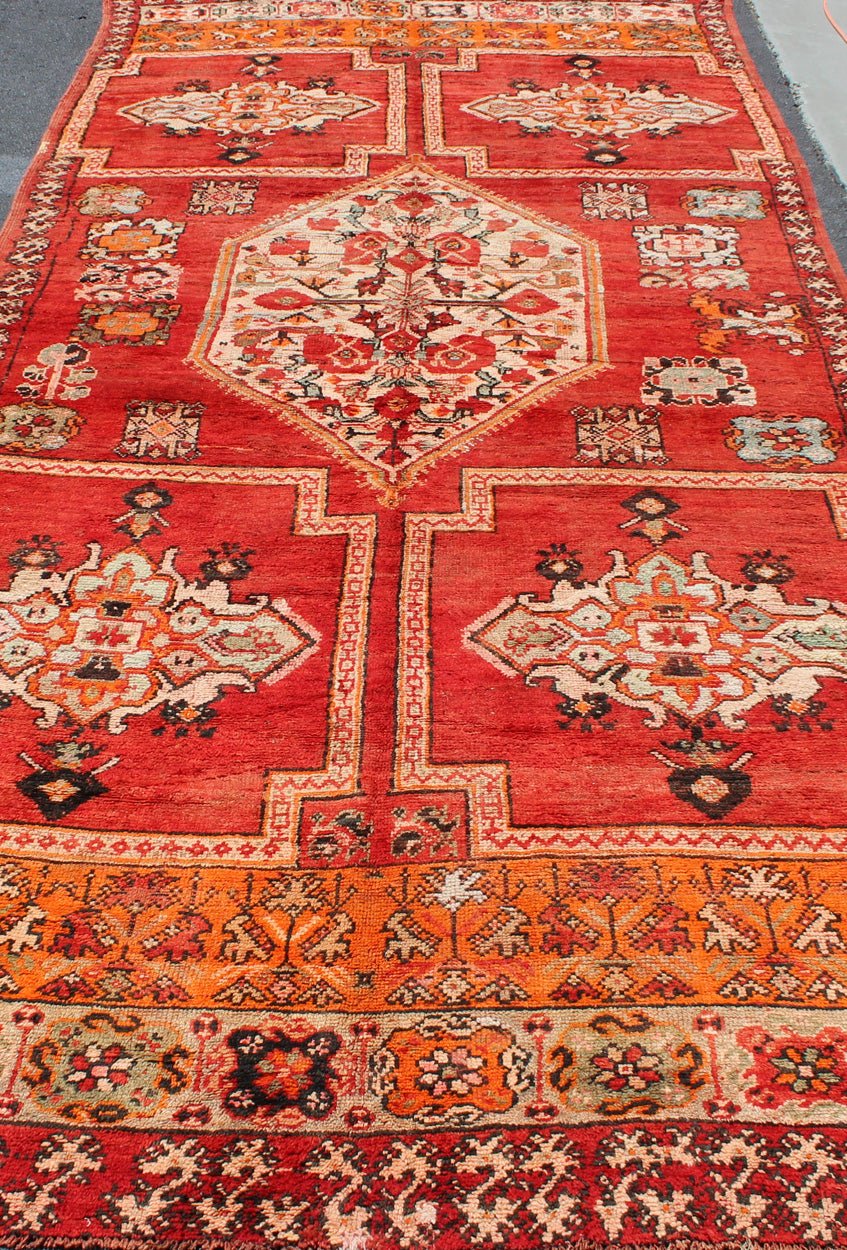 Large Vintage Moroccan Gallery Rug with Tribal Design in Red, Ivory and Orange Vintage Moroccan Gallery Runner, rug 13 - 0905, country of origin / type: Morocco / Tribal, circa Mid - 20th Century. Measures: 6'4 x 15'8. This gorgeous v... - Keivan Woven Arts13 - 0905 - 4784Rug
