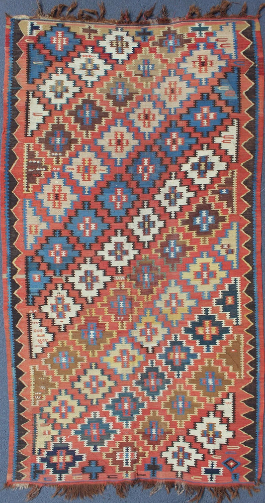 Antique Caucasian Kuba Kilim with All - Over Diamond Design in Rust & Blue Colors Antique Caucasian Kuba Kilim, rug 13 - 0919, country of origin / type: Caucasus / Kilim, circa Early - 20th Century. Measures: 4'8 x 9'3. This colorful ant... - Keivan Woven Arts13 - 0919 - 4808Rug