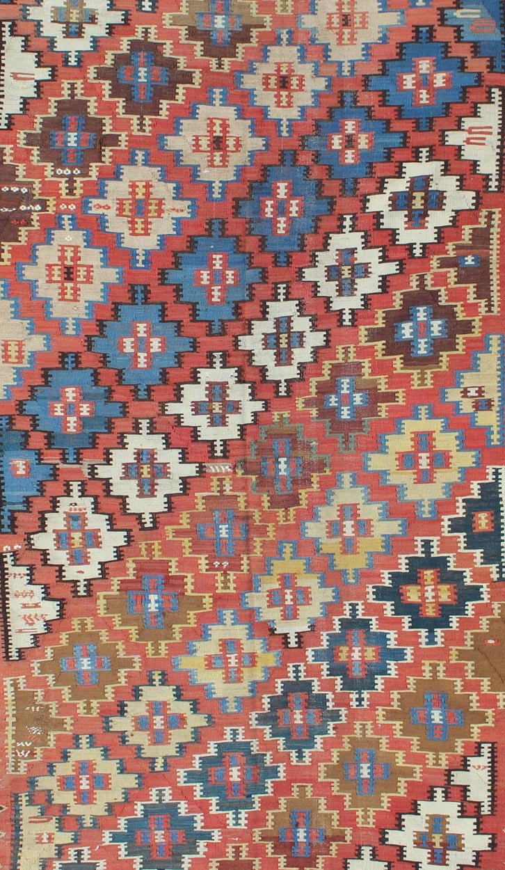 Antique Caucasian Kuba Kilim with All - Over Diamond Design in Rust & Blue Colors Antique Caucasian Kuba Kilim, rug 13 - 0919, country of origin / type: Caucasus / Kilim, circa Early - 20th Century. Measures: 4'8 x 9'3. This colorful ant... - Keivan Woven Arts13 - 0919 - 4808Rug
