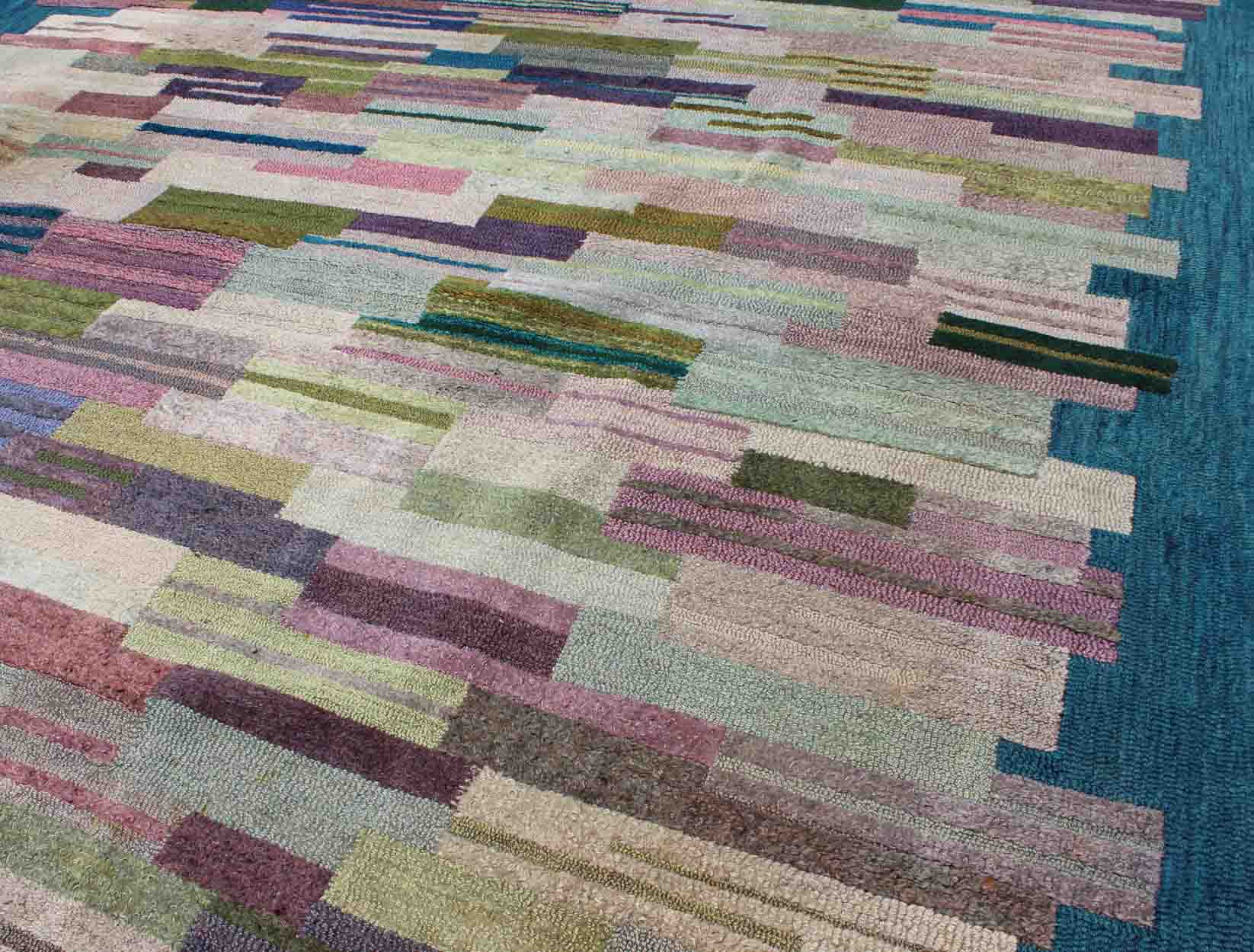 Large American Hooked Rug by George Wells with a Modern Design and Modern Colors. George Wells purchased The Ruggery in 1956 after a career in retailing, during which he designed merchandise, displays and store interiors. By this time, Wells had bee... - Keivan Woven Arts13 - 0921 - 4812Rug