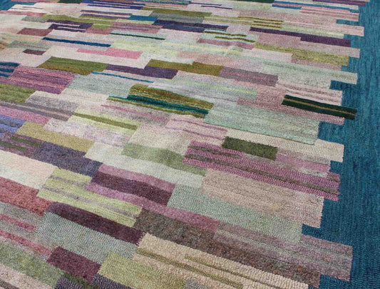 Large American Hooked Rug by George Wells with a Modern Design and Modern Colors. George Wells purchased The Ruggery in 1956 after a career in retailing, during which he designed merchandise, displays and store interiors. By this time, Wells had bee... - Keivan Woven Arts13 - 0921 - 4812Rug