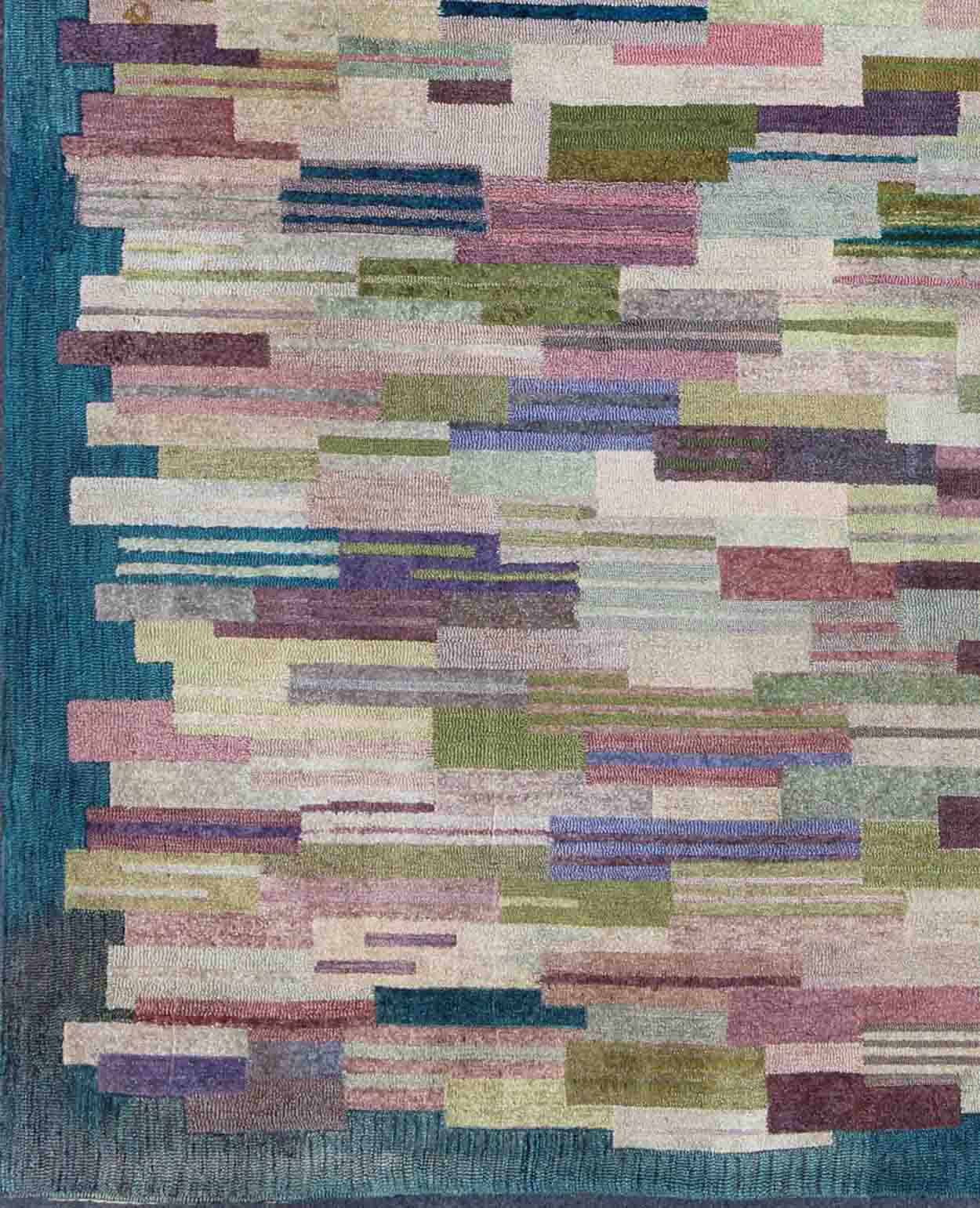 Large American Hooked Rug by George Wells with a Modern Design and Modern Colors. George Wells purchased The Ruggery in 1956 after a career in retailing, during which he designed merchandise, displays and store interiors. By this time, Wells had bee... - Keivan Woven Arts13 - 0921 - 4812Rug