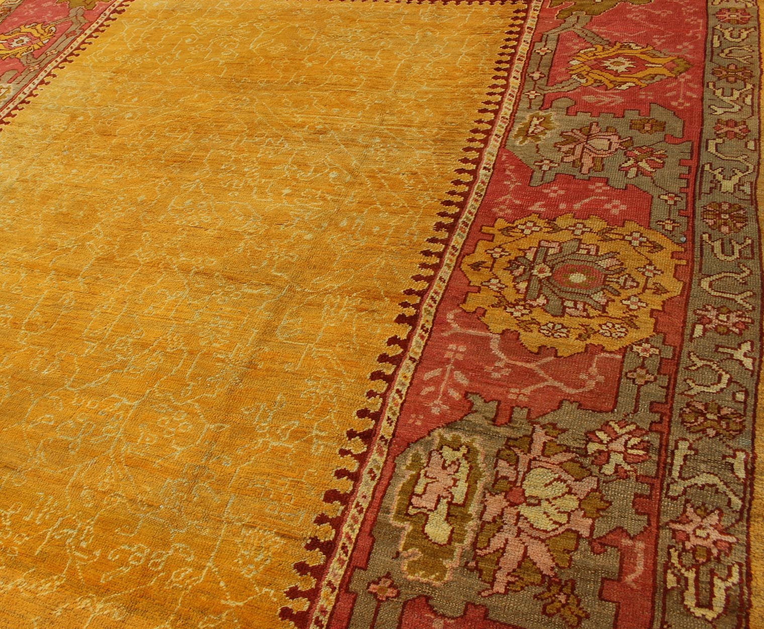 Antique Turkish Oushak rug in gold background, Rose Border & Green Antique Turkish Oushak, Keivan Woven Arts / rug /13 - 1002, country of origin / type: Turkey / Oushak, circa 1890 Measure: 9'6 x 11'10 This beautiful Oushak from the... - Keivan Woven Arts13 - 1002 - 5142Rug