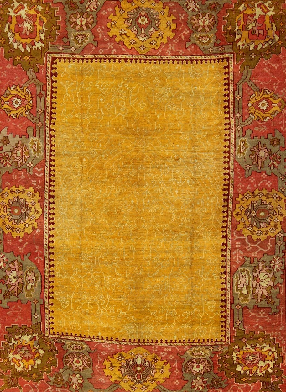 Antique Turkish Oushak rug in gold background, Rose Border & Green Antique Turkish Oushak, Keivan Woven Arts / rug /13 - 1002, country of origin / type: Turkey / Oushak, circa 1890 Measure: 9'6 x 11'10 This beautiful Oushak from the... - Keivan Woven Arts13 - 1002 - 5142Rug