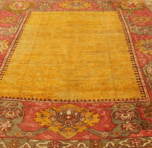 Antique Turkish Oushak rug in gold background, Rose Border & Green Antique Turkish Oushak, Keivan Woven Arts / rug /13 - 1002, country of origin / type: Turkey / Oushak, circa 1890 Measure: 9'6 x 11'10 This beautiful Oushak from the... - Keivan Woven Arts13 - 1002 - 5142Rug