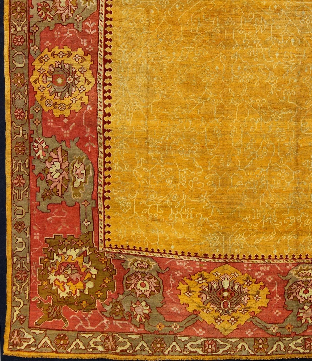 Antique Turkish Oushak rug in gold background, Rose Border & Green Antique Turkish Oushak, Keivan Woven Arts / rug /13 - 1002, country of origin / type: Turkey / Oushak, circa 1890 Measure: 9'6 x 11'10 This beautiful Oushak from the... - Keivan Woven Arts13 - 1002 - 5142Rug