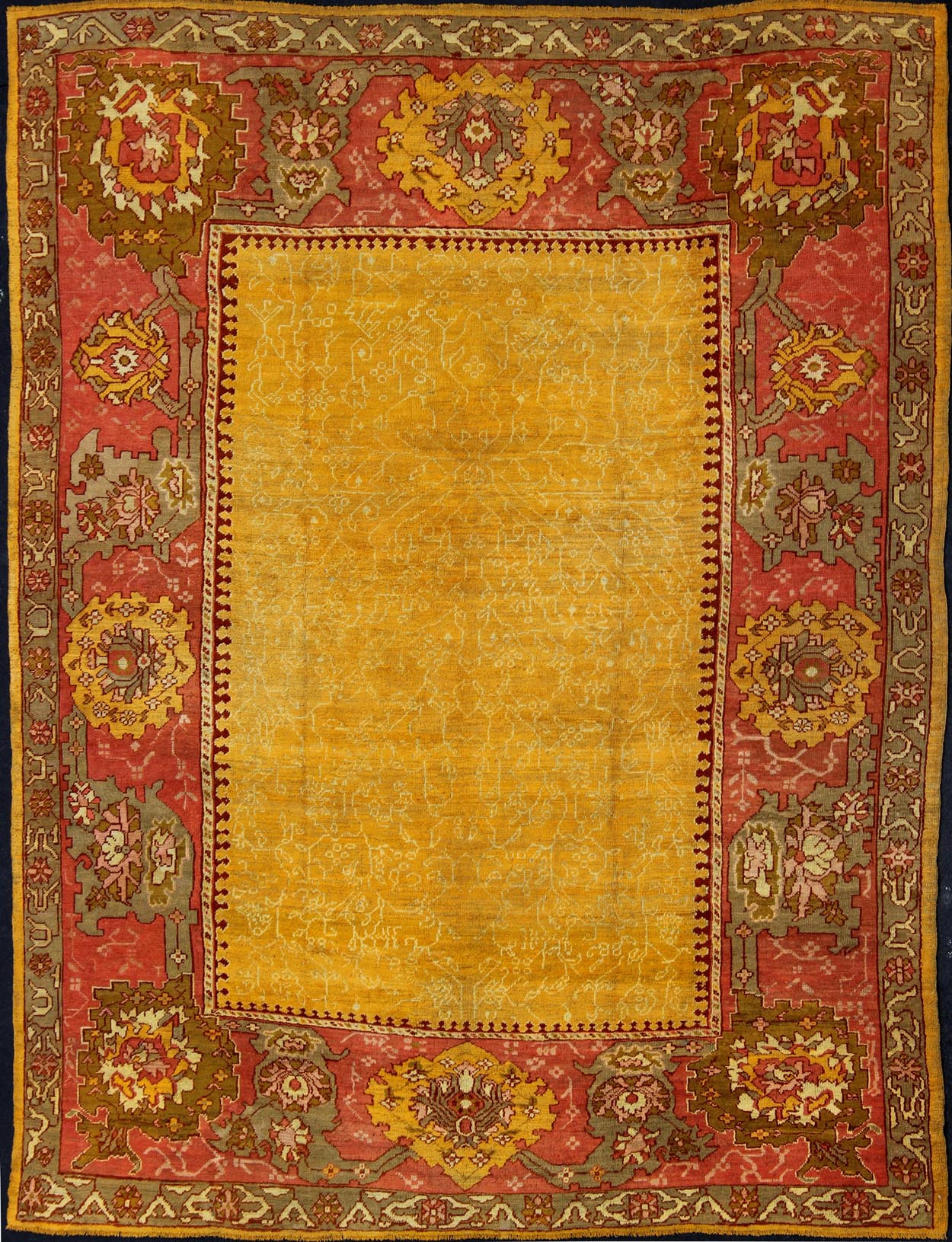 Antique Turkish Oushak rug in gold background, Rose Border & Green Antique Turkish Oushak, Keivan Woven Arts / rug /13 - 1002, country of origin / type: Turkey / Oushak, circa 1890 Measure: 9'6 x 11'10 This beautiful Oushak from the... - Keivan Woven Arts13 - 1002 - 5142Rug