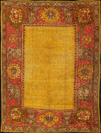 Antique Turkish Oushak rug in gold background, Rose Border & Green Antique Turkish Oushak, Keivan Woven Arts / rug /13 - 1002, country of origin / type: Turkey / Oushak, circa 1890 Measure: 9'6 x 11'10 This beautiful Oushak from the... - Keivan Woven Arts13 - 1002 - 5142Rug