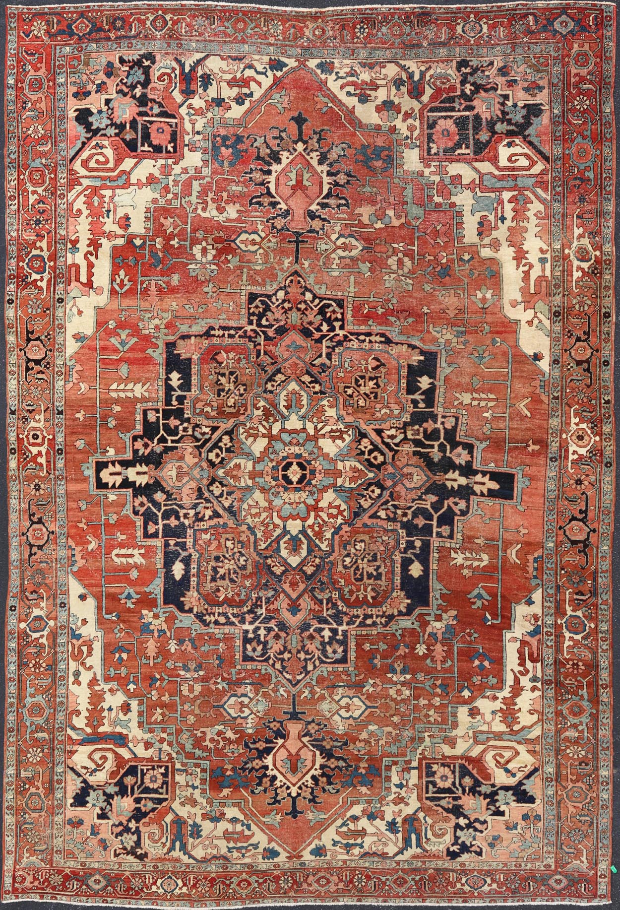 19th Century Antique Persian Serapi Rug Detailed Layered Medallion. Keivan Woven Arts / rug 13 - 1003, country of origin / type: Iran / Serapi, circa 1880 Measures: 11' x 15'4. This magnificent antique Persian Serapi carpet from the forth ... - Keivan Woven Arts13 - 1003 - 5148