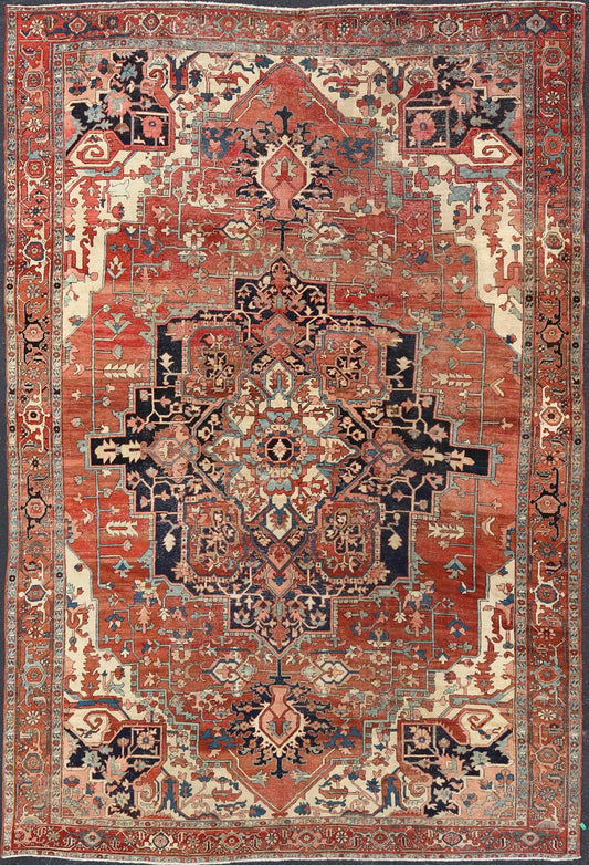 19th Century Antique Persian Serapi Rug Detailed Layered Medallion. Keivan Woven Arts / rug 13 - 1003, country of origin / type: Iran / Serapi, circa 1880 Measures: 11' x 15'4. This magnificent antique Persian Serapi carpet from the forth ... - Keivan Woven Arts13 - 1003 - 5148