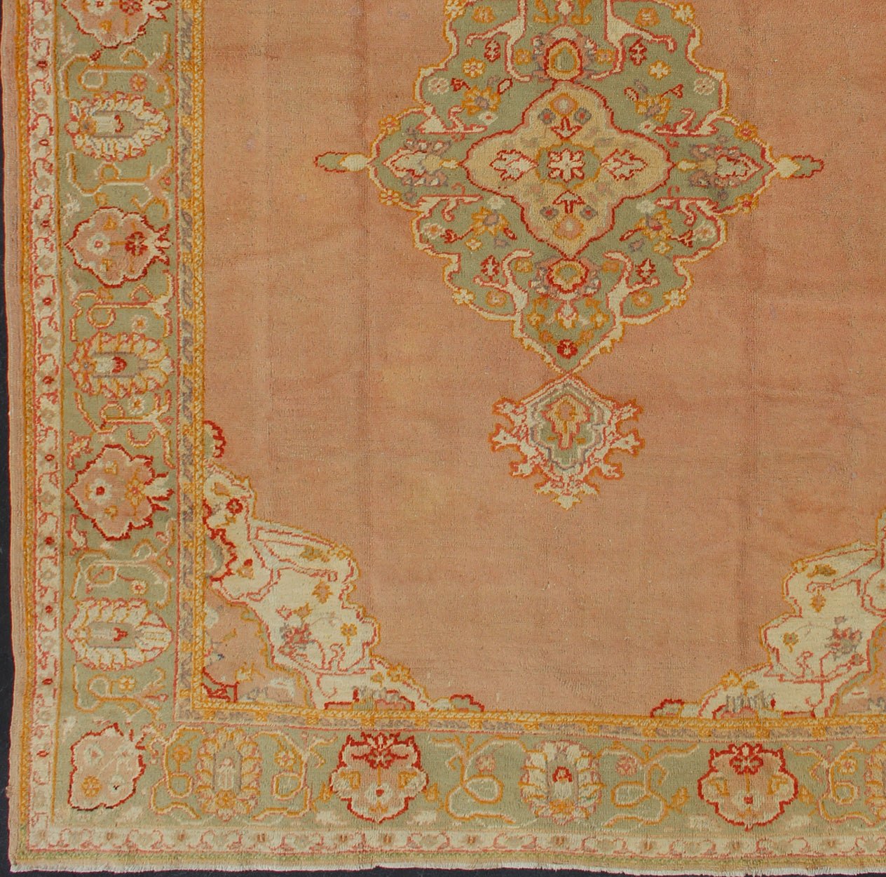 Keivan Woven Arts, kwarugs / 13 - 1004 Antique Turkish Oushak in Pink and Light Green Antique Turkish Oushak This antique Oushak from the early part of 20th Century bears a stylized medallion that commands the center field. Coral and light pink in... - Keivan Woven Arts13 - 1004 - 5154Rug