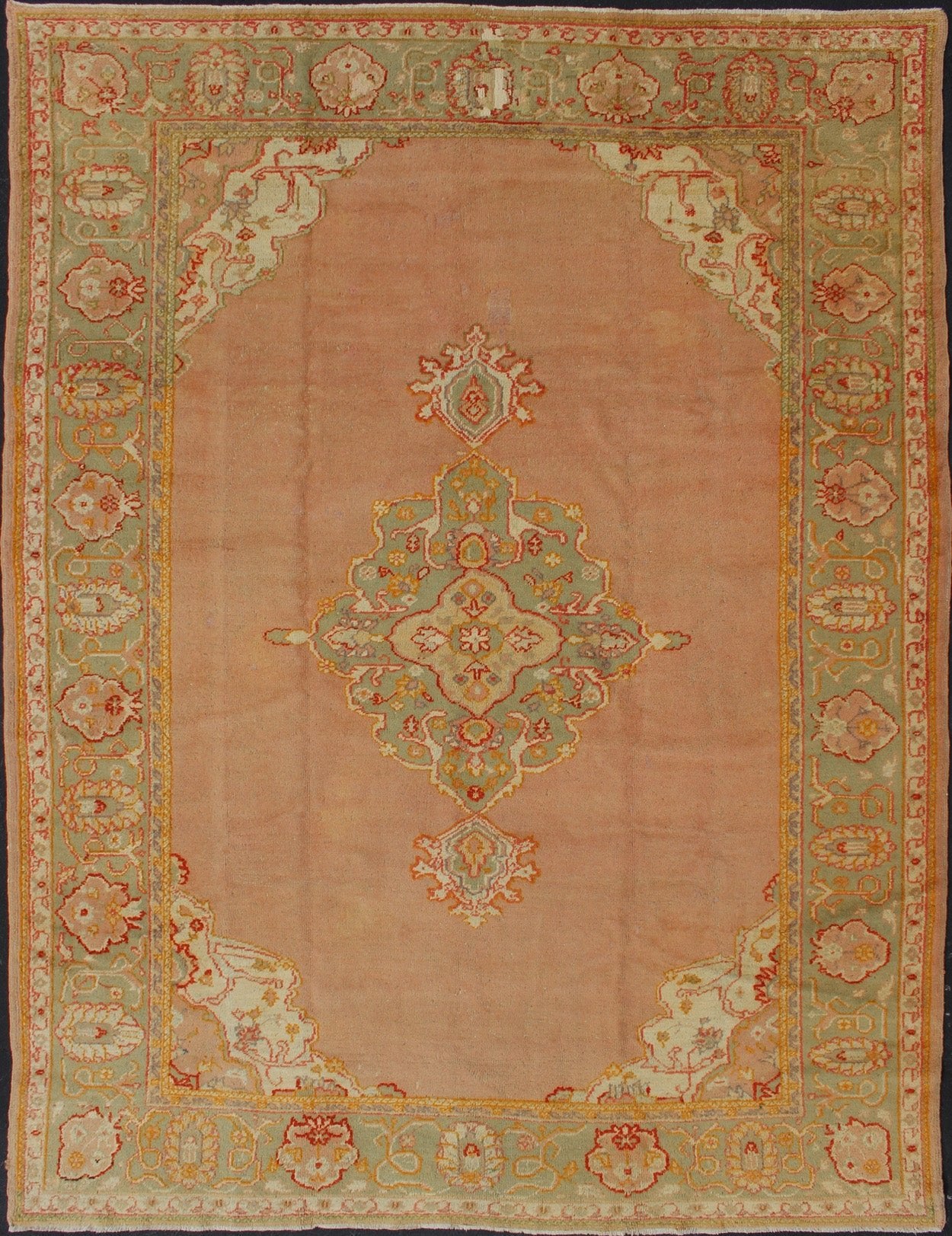 Keivan Woven Arts, kwarugs / 13 - 1004 Antique Turkish Oushak in Pink and Light Green Antique Turkish Oushak This antique Oushak from the early part of 20th Century bears a stylized medallion that commands the center field. Coral and light pink in... - Keivan Woven Arts13 - 1004 - 5154Rug