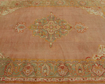 Keivan Woven Arts, kwarugs / 13 - 1004 Antique Turkish Oushak in Pink and Light Green Antique Turkish Oushak This antique Oushak from the early part of 20th Century bears a stylized medallion that commands the center field. Coral and light pink in... - Keivan Woven Arts13 - 1004 - 5154Rug