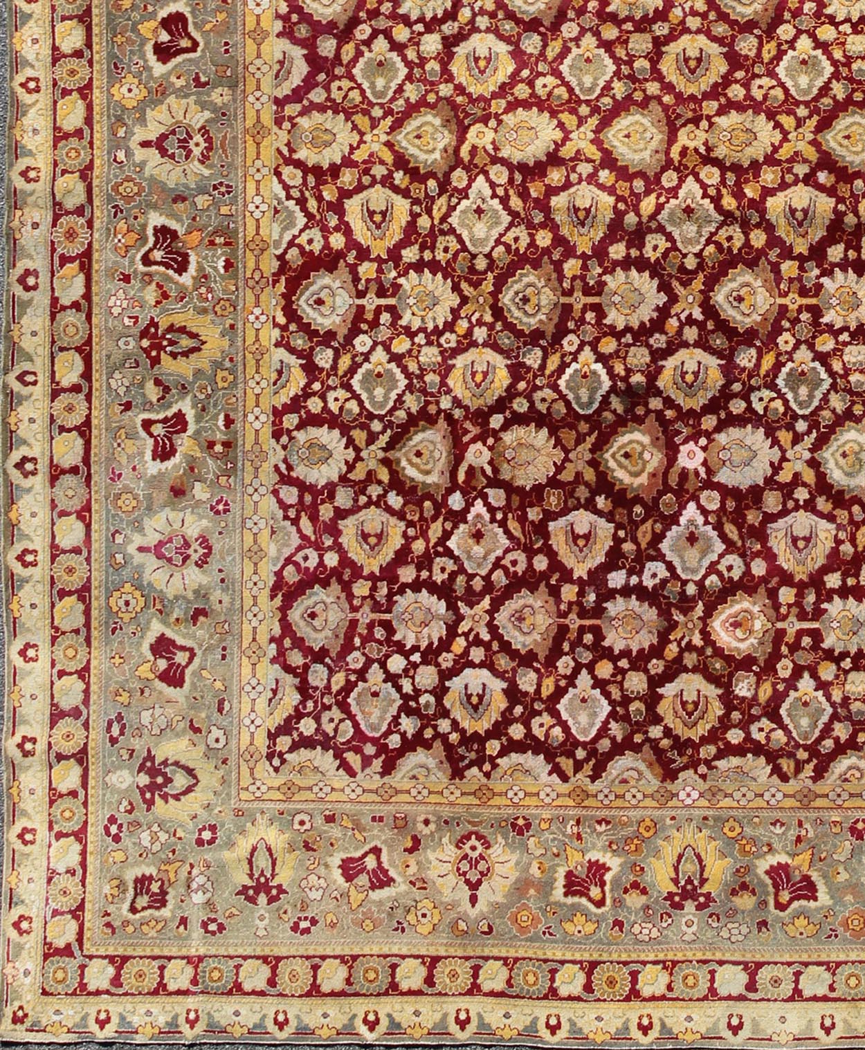 Keivan Woven Arts, Elegant Antique Indian Agra Rug in Maroon Red Background and Gray Green Border. Kwarugs /13 - 1105. Antique Agra. Antique Amritsar. Antique Indian Rugs. Antique Mughal carpet. Elegant Antique 19th Century Indian Agra rug in Maroon... - Keivan Woven Arts13 - 1105 - 5168Rug
