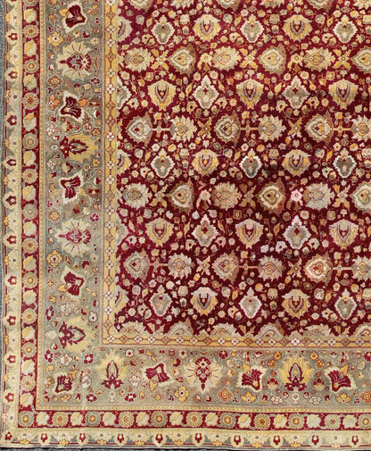 Keivan Woven Arts, Elegant Antique Indian Agra Rug in Maroon Red Background and Gray Green Border. Kwarugs /13 - 1105. Antique Agra. Antique Amritsar. Antique Indian Rugs. Antique Mughal carpet. Elegant Antique 19th Century Indian Agra rug in Maroon... - Keivan Woven Arts13 - 1105 - 5168Rug