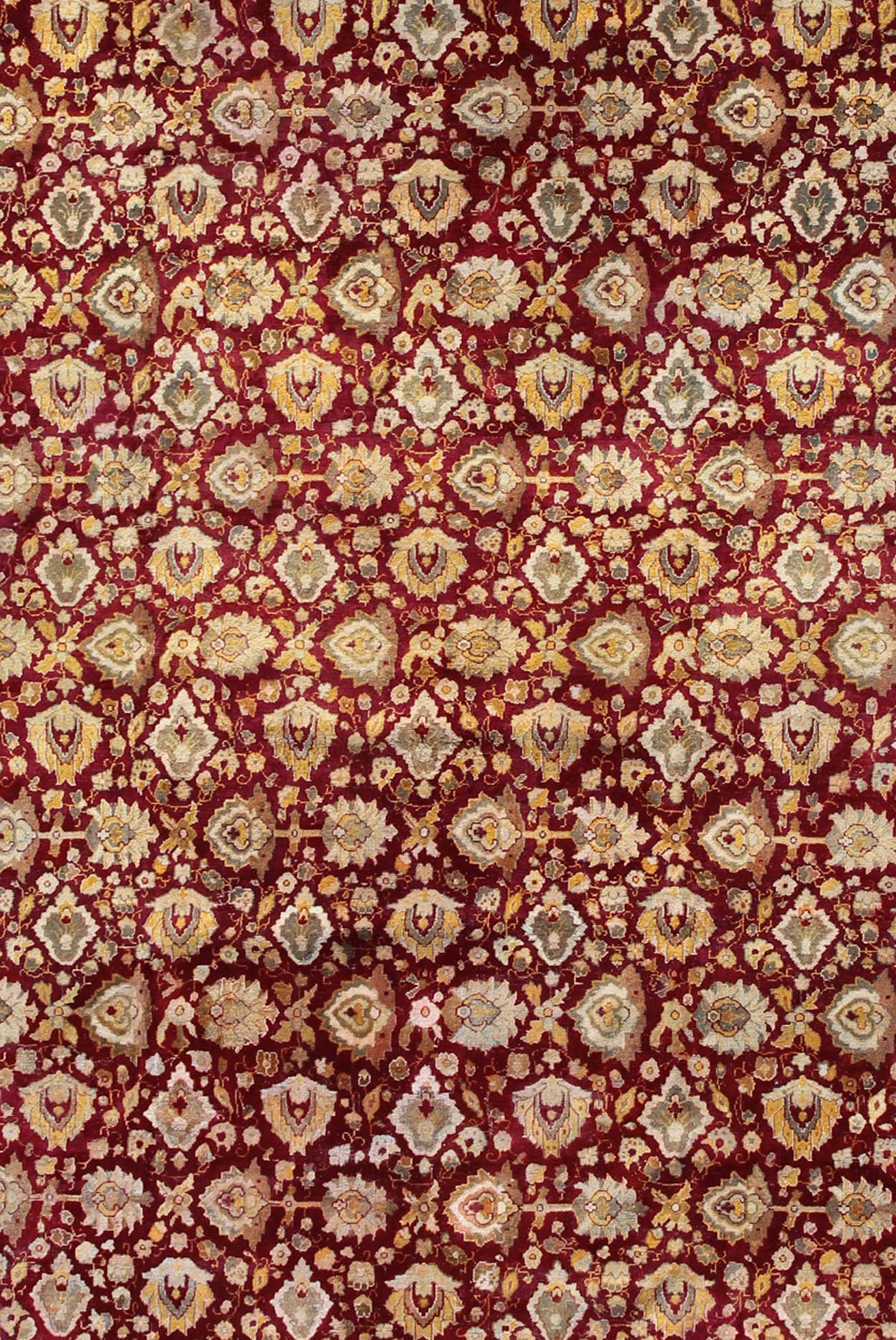 Keivan Woven Arts, Elegant Antique Indian Agra Rug in Maroon Red Background and Gray Green Border. Kwarugs /13 - 1105. Antique Agra. Antique Amritsar. Antique Indian Rugs. Antique Mughal carpet. Elegant Antique 19th Century Indian Agra rug in Maroon... - Keivan Woven Arts13 - 1105 - 5168Rug